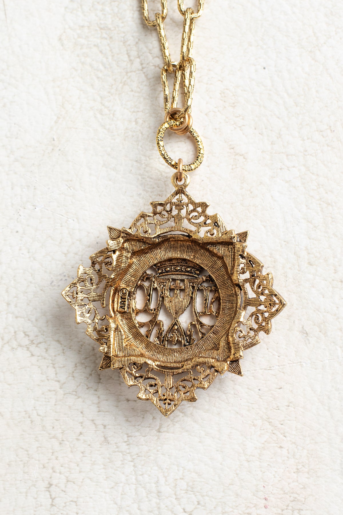 ART Arthur Pepper Signed MidCentury Goldtone Filigree Pendant with Initials ND on a Bronze Plated Paperclip Textured Chain