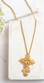 Florenza MidCentury Goldtone Filigree Cross Pendant with 3 ornate drops on a Gold Tone Chain Necklace