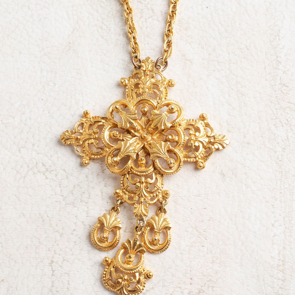Vintage 1960s Florentine Gold Filigree Cross Necklace with Articulated Drops