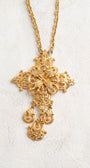 Florenza MidCentury Goldtone Filigree Cross Pendant with 3 ornate drops on a Gold Tone Chain Necklace