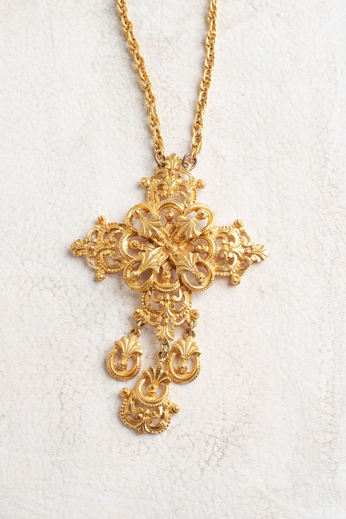 Florenza MidCentury Goldtone Filigree Cross Pendant with 3 ornate drops on a Gold Tone Chain Necklace
