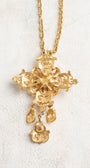 Florenza MidCentury Goldtone Filigree Cross Pendant with 3 ornate drops on a Gold Tone Chain Necklace