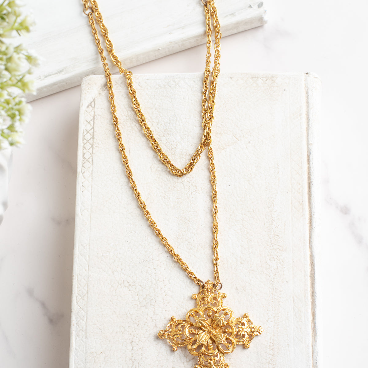 Florenza MidCentury Goldtone Filigree Cross Pendant with 3 ornate drops on a Gold Tone Chain Necklace