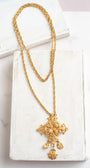 Florenza MidCentury Goldtone Filigree Cross Pendant with 3 ornate drops on a Gold Tone Chain Necklace