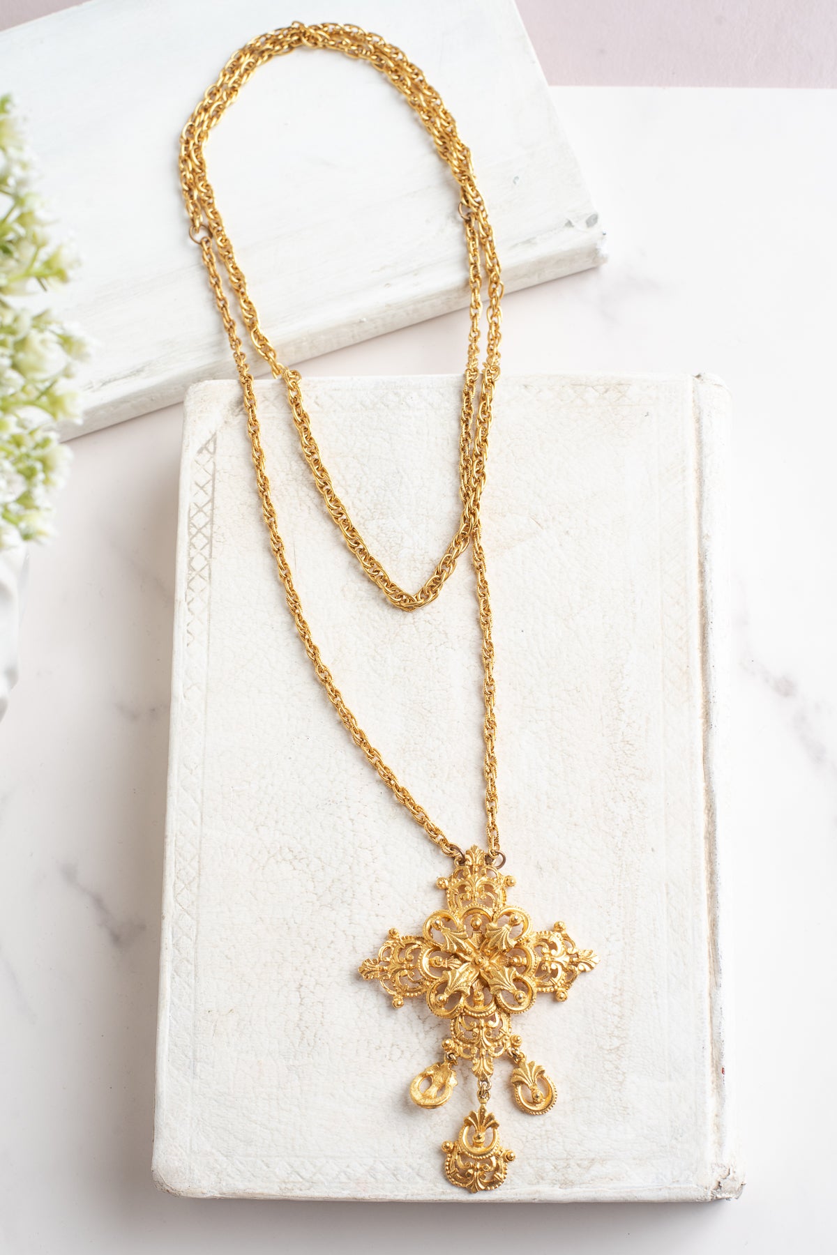 Florenza MidCentury Goldtone Filigree Cross Pendant with 3 ornate drops on a Gold Tone Chain Necklace