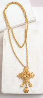 Florenza MidCentury Goldtone Filigree Cross Pendant with 3 ornate drops on a Gold Tone Chain Necklace