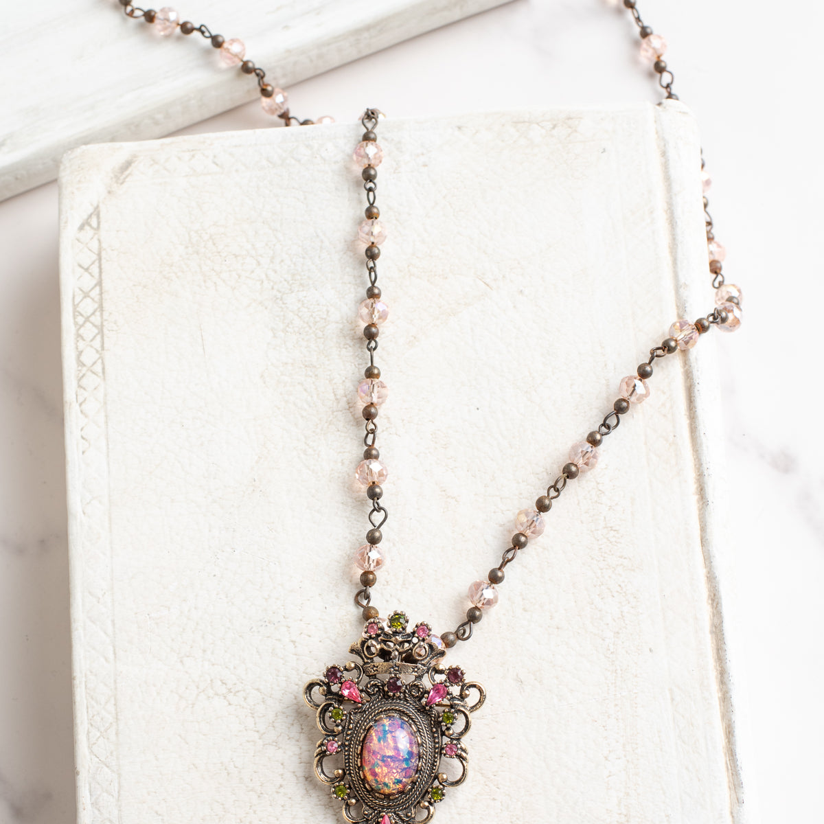 Sarah Coventry 1960's Contessa Pink Fire Opal, Rhinestone Brooch Pendant on a Pink Crystal Rosary Chain Necklace