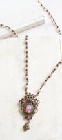 Sarah Coventry 1960's Contessa Pink Fire Opal, Rhinestone Brooch Pendant on a Pink Crystal Rosary Chain Necklace
