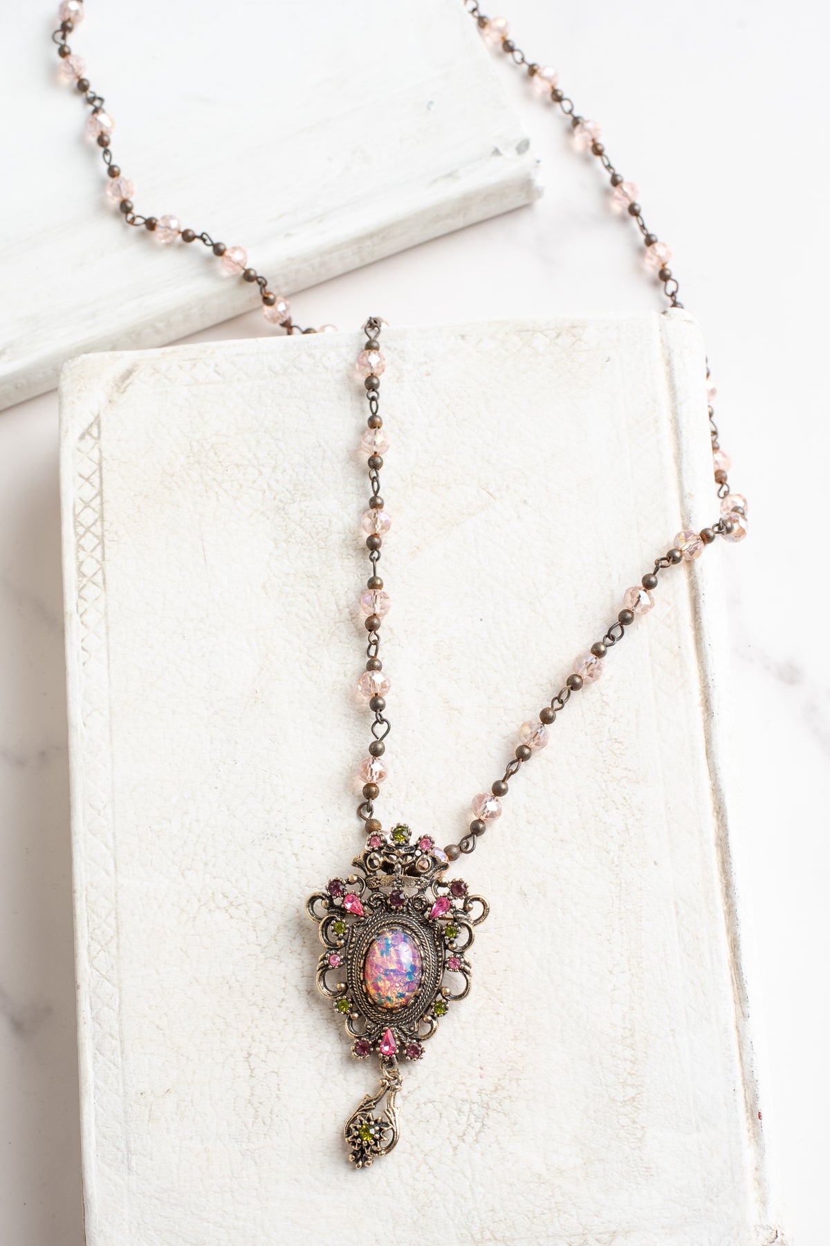 Sarah Coventry 1960's Contessa Pink Fire Opal, Rhinestone Brooch Pendant on a Pink Crystal Rosary Chain Necklace