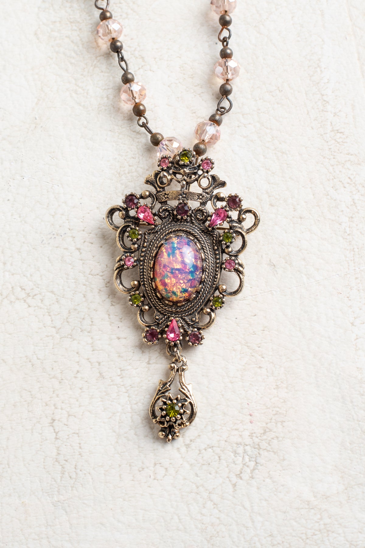 Sarah Coventry 1960's Contessa Pink Fire Opal, Rhinestone Brooch Pendant on a Pink Crystal Rosary Chain Necklace