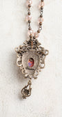 Sarah Coventry 1960's Contessa Pink Fire Opal, Rhinestone Brooch Pendant on a Pink Crystal Rosary Chain Necklace