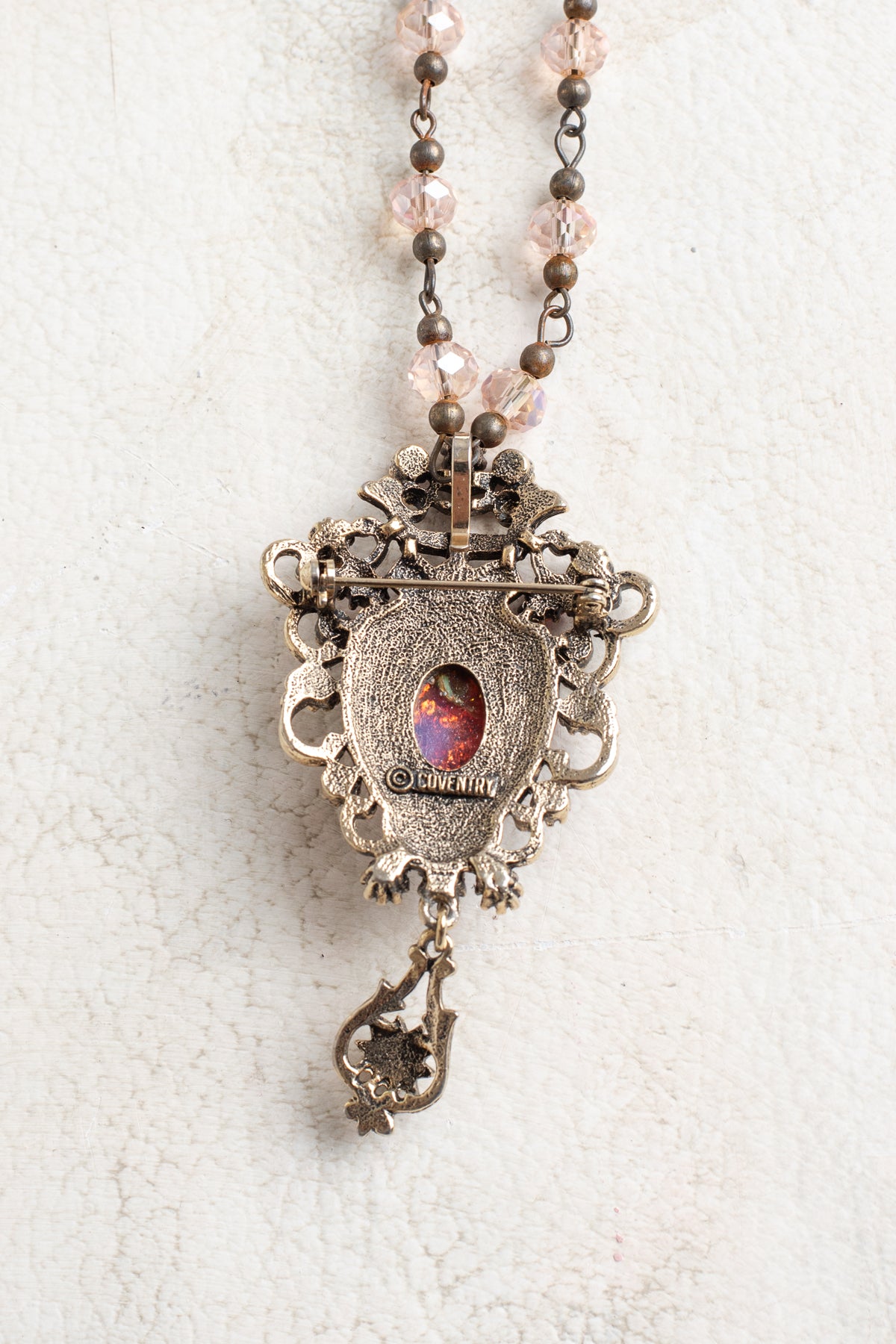 Sarah Coventry 1960's Contessa Pink Fire Opal, Rhinestone Brooch Pendant on a Pink Crystal Rosary Chain Necklace