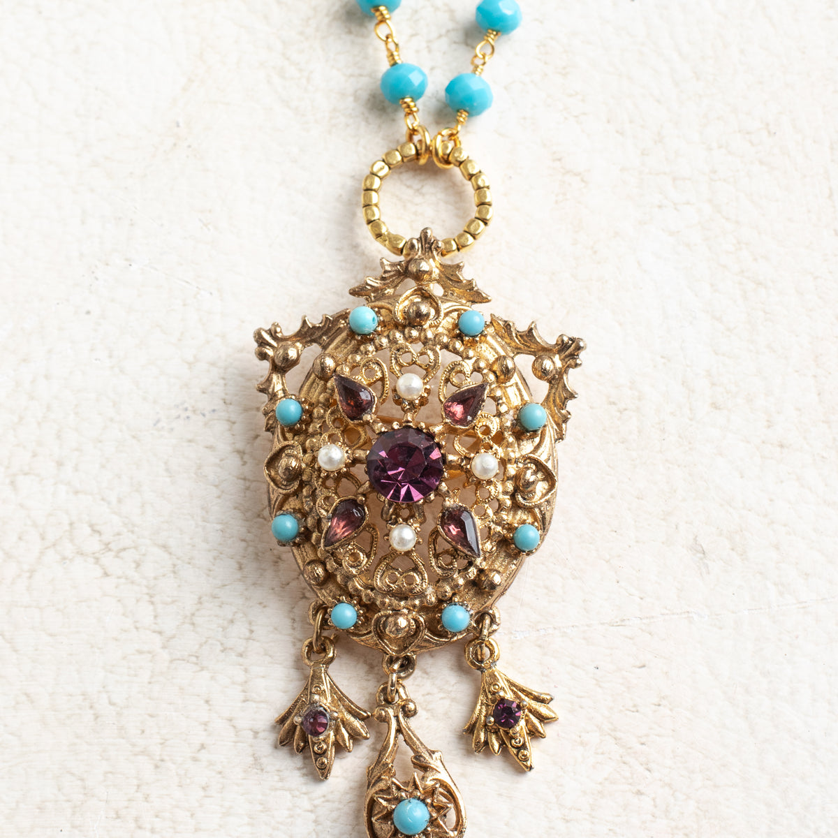 1950s Vintage Purple Rhinestone, Turquoise & Pearl Brooch Pendant Necklace