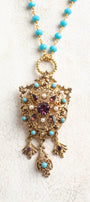 1950s Vintage Purple Rhinestone, Turquoise & Pearl Brooch Pendant Necklace