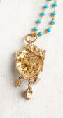 Vintage Gold Designer Brooch Pendant with Purple Rhinestones, Turquoise and Pearl Accents on a Turquoise and Gold Rosary Chain Necklace