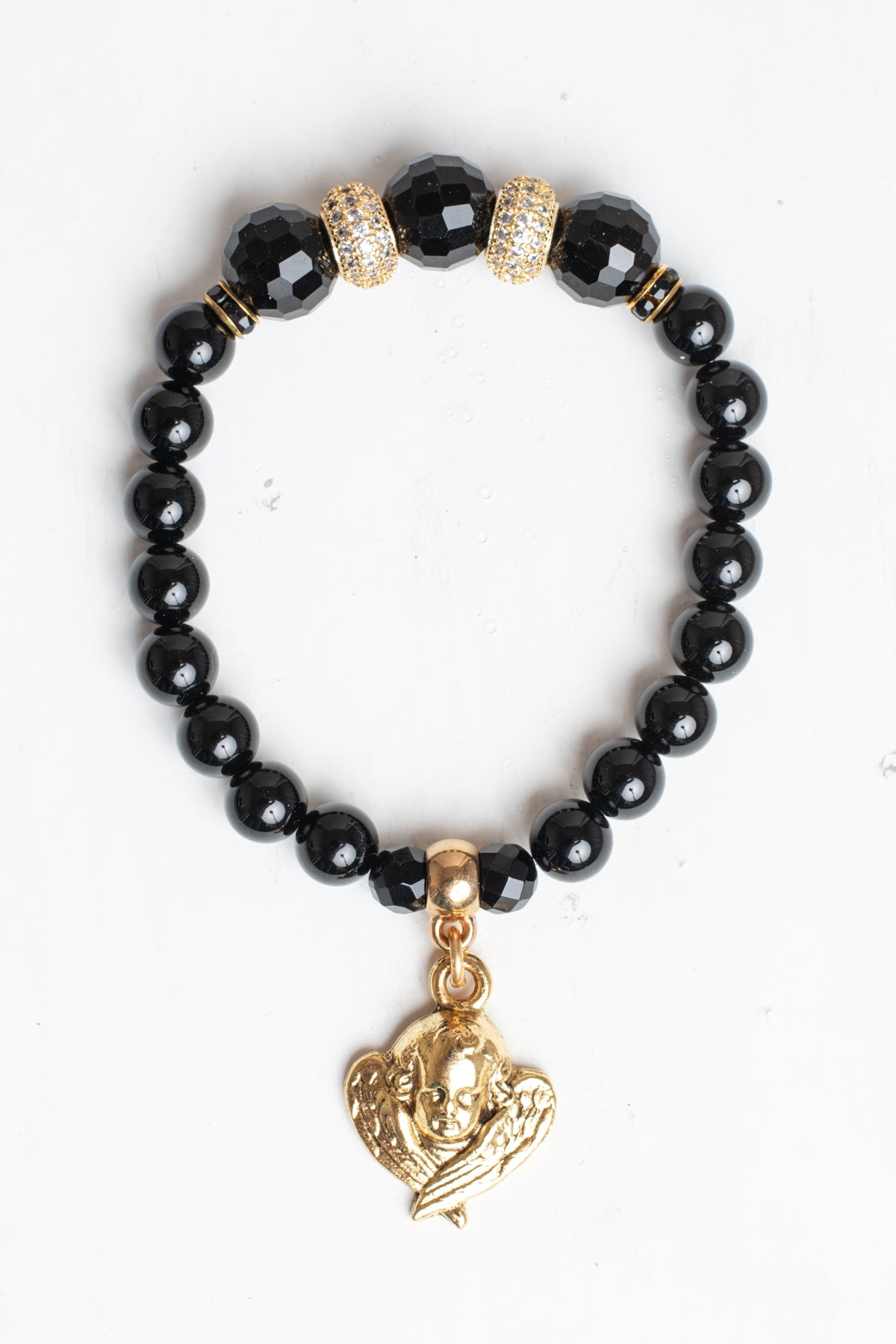 Gold Plated Angel Charm on a black Agate Stone Stretch Bracelet with Micro Pave Focal Beads