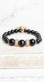 Gold Plated Angel Charm on a black Agate Stone Stretch Bracelet with Micro Pave Focal Beads