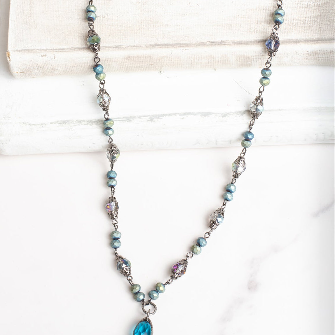 Hand Soldered Turquoise Crystal Cross Pendant on a Fancy Blue Green Rosary Chain Necklace