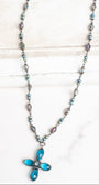Hand Soldered Turquoise Crystal Cross Pendant on a Fancy Blue Green Rosary Chain Necklace