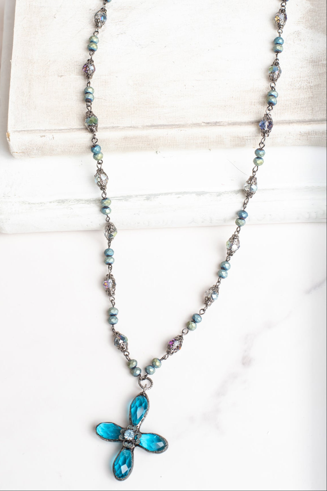 Hand Soldered Turquoise Crystal Cross Pendant on a Fancy Blue Green Rosary Chain Necklace