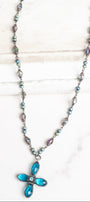 Hand Soldered Turquoise Crystal Cross Pendant on a Fancy Blue Green Rosary Chain Necklace