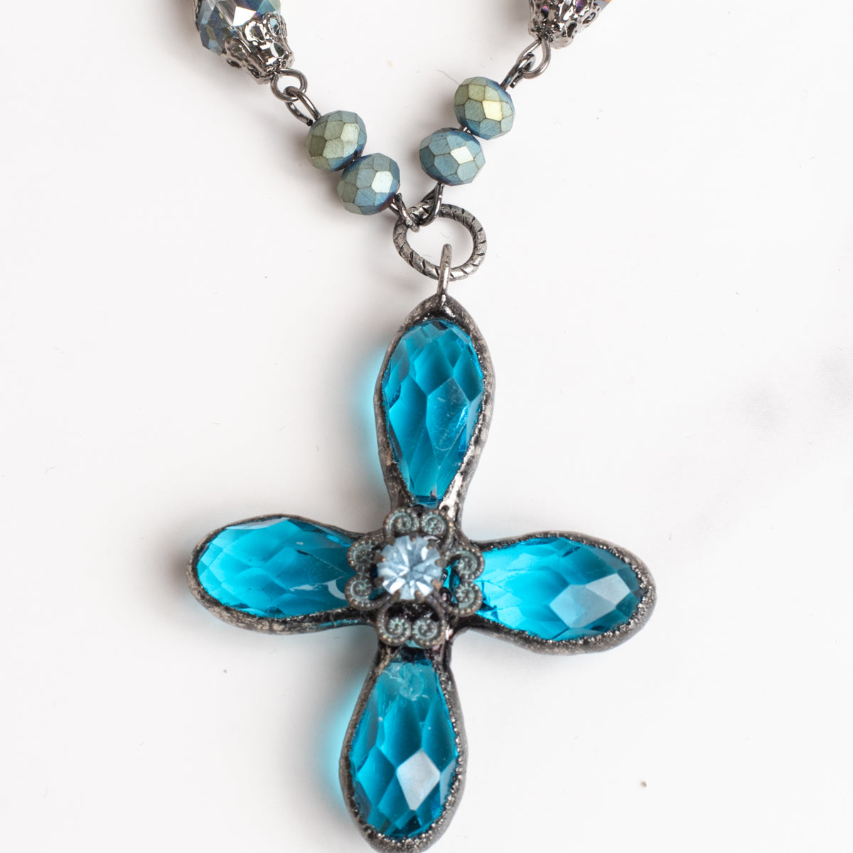 Hand Soldered Turquoise Crystal Cross Pendant on a Fancy Blue Green Rosary Chain Necklace