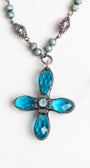 Hand Soldered Turquoise Crystal Cross Pendant on a Fancy Blue Green Rosary Chain Necklace