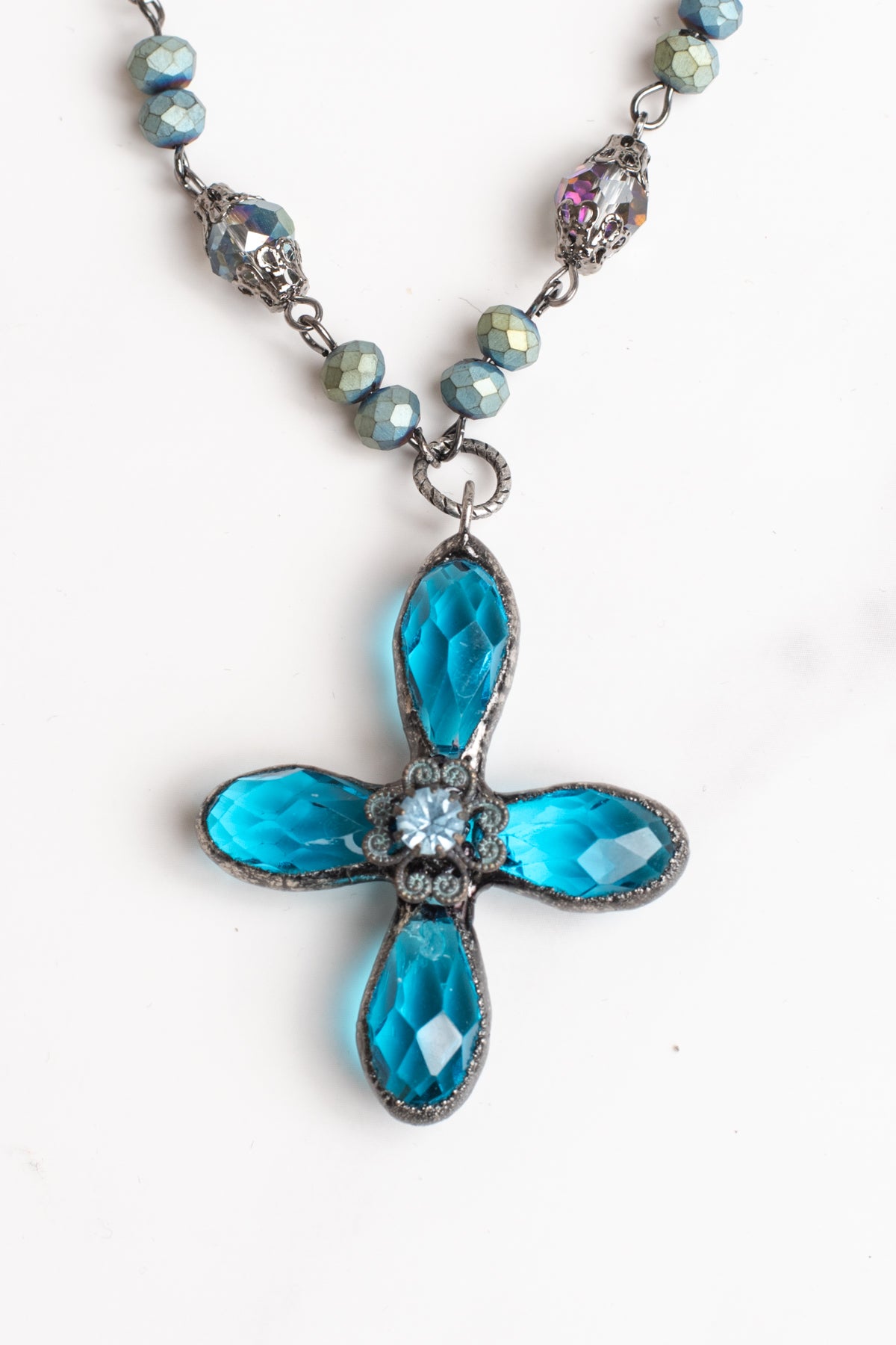 Hand Soldered Turquoise Crystal Cross Pendant on a Fancy Blue Green Rosary Chain Necklace