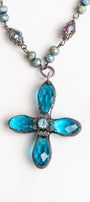 Hand Soldered Turquoise Crystal Cross Pendant on a Fancy Blue Green Rosary Chain Necklace