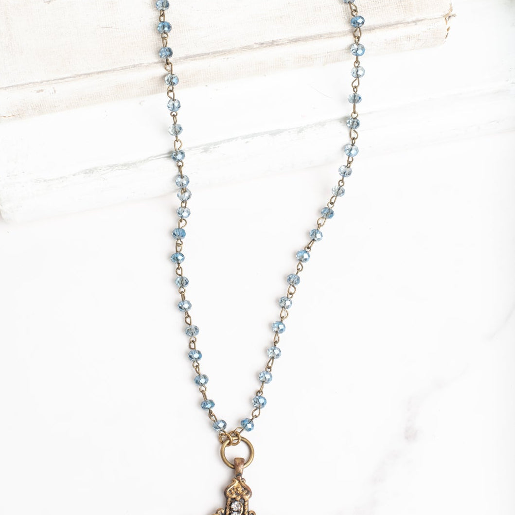 Vintage Style Bronze Tone Hand Made Cross with Rhinestones on a Rosary Bead Necklace of AB Blue Crystal