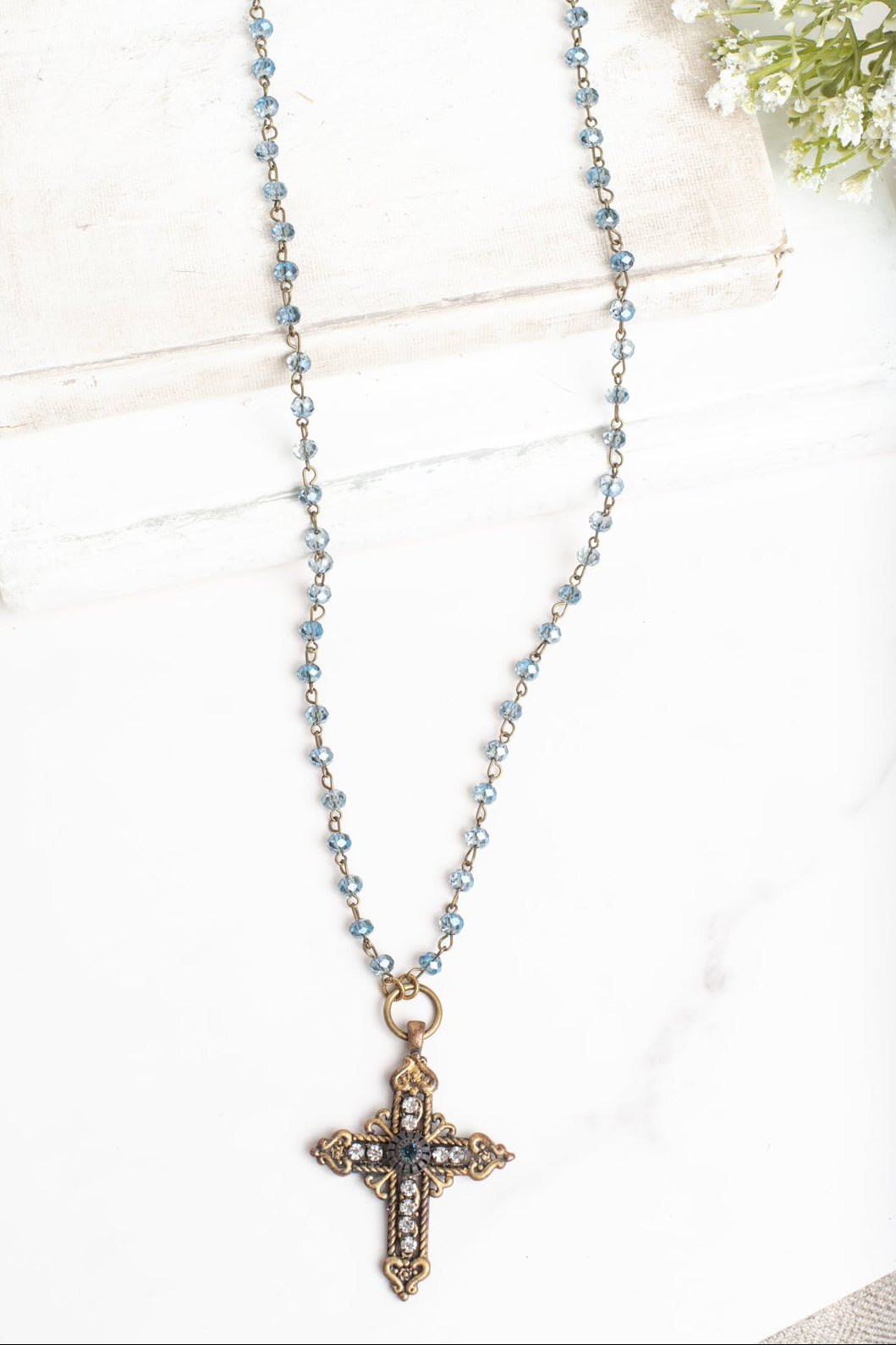 Vintage Style Bronze Tone Hand Made Cross with Rhinestones on a Rosary Bead Necklace of AB Blue Crystal