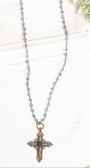 Vintage Style Bronze Tone Hand Made Cross with Rhinestones on a Rosary Bead Necklace of AB Blue Crystal