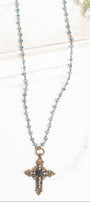 Vintage Style Bronze Tone Hand Made Cross with Rhinestones on a Rosary Bead Necklace of AB Blue Crystal