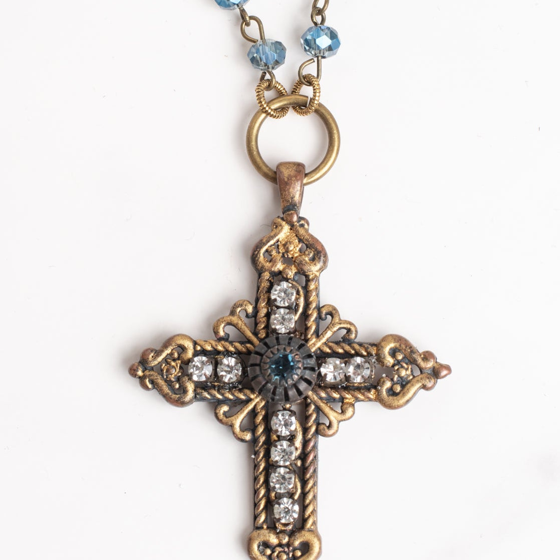 “Be Still & Know Blue Crystal Cross Vintage Style Necklace