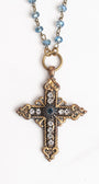 Vintage Style Bronze Tone Hand Made Cross with Rhinestones on a Rosary Bead Necklace of AB Blue Crystal
