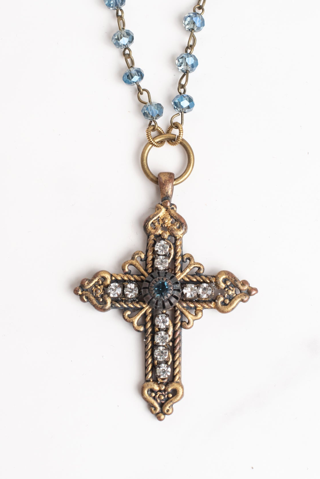 Vintage Style Bronze Tone Hand Made Cross with Rhinestones on a Rosary Bead Necklace of AB Blue Crystal