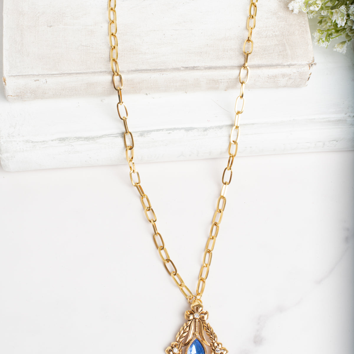 Vintage AVON Pendant with Royal Blue and White Rhinestones on a Gold Plated Paperclip Chain Necklace