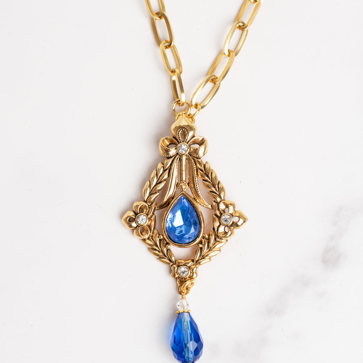 Signed Vintage AVON Royal Blue Rhinestone & Crystal Necklace on Gold Paperclip Chain