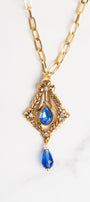 Signed Vintage AVON Royal Blue Rhinestone & Crystal Necklace on Gold Paperclip Chain
