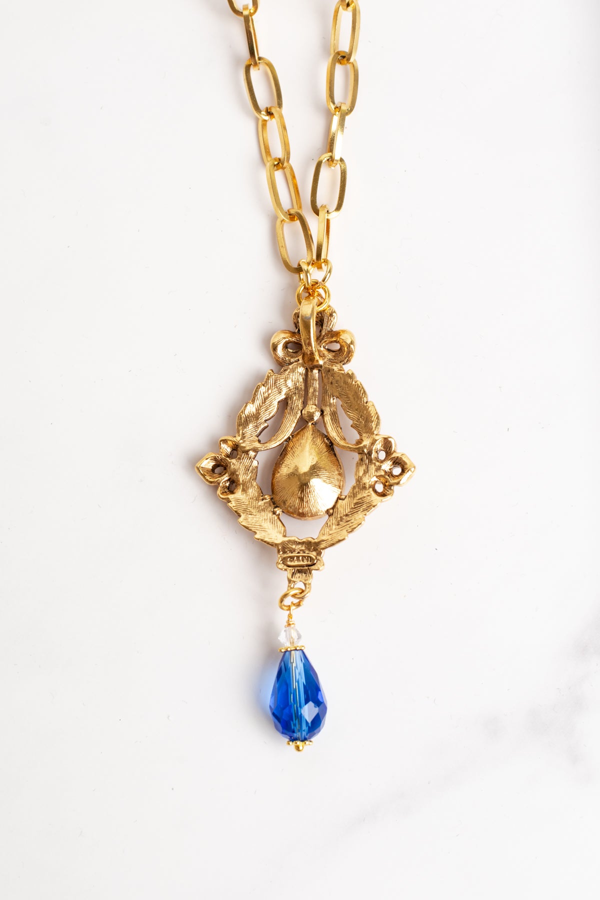 Vintage AVON Pendant with Royal Blue and White Rhinestones on a Gold Plated Paperclip Chain Necklace