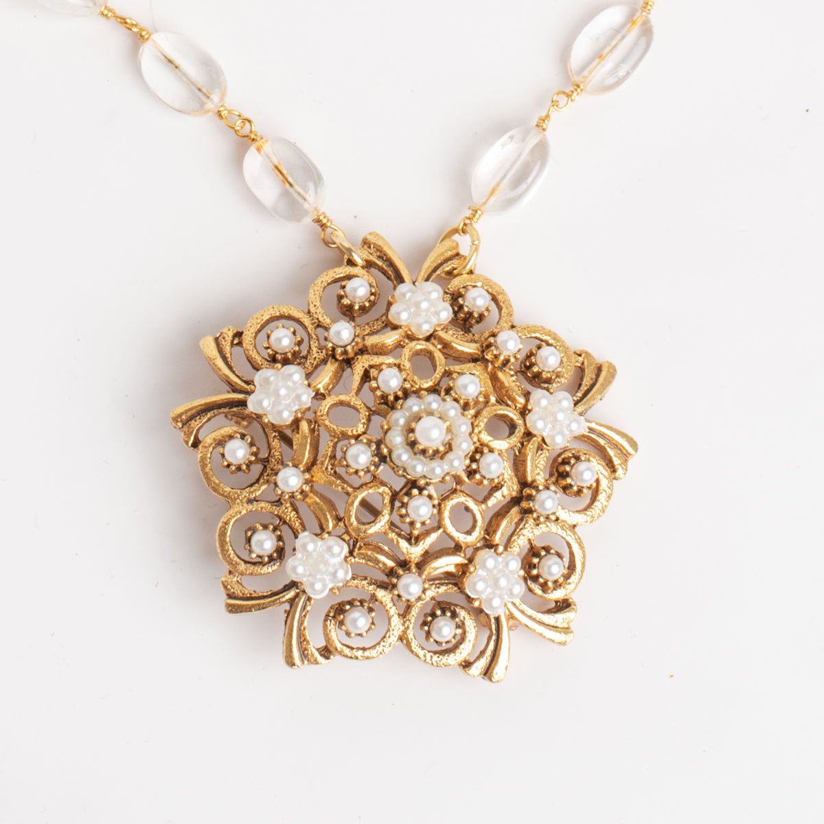 Signed Vintage Florenza Faux Pearl & Rose Quartz Brooch Necklace