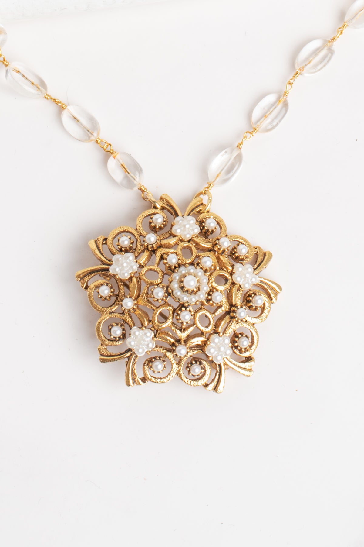 Vintage Signed "Florenza" Floral Faux Pearl Brooch Pendant on a Quartz Free Form Rosary Chain Necklace