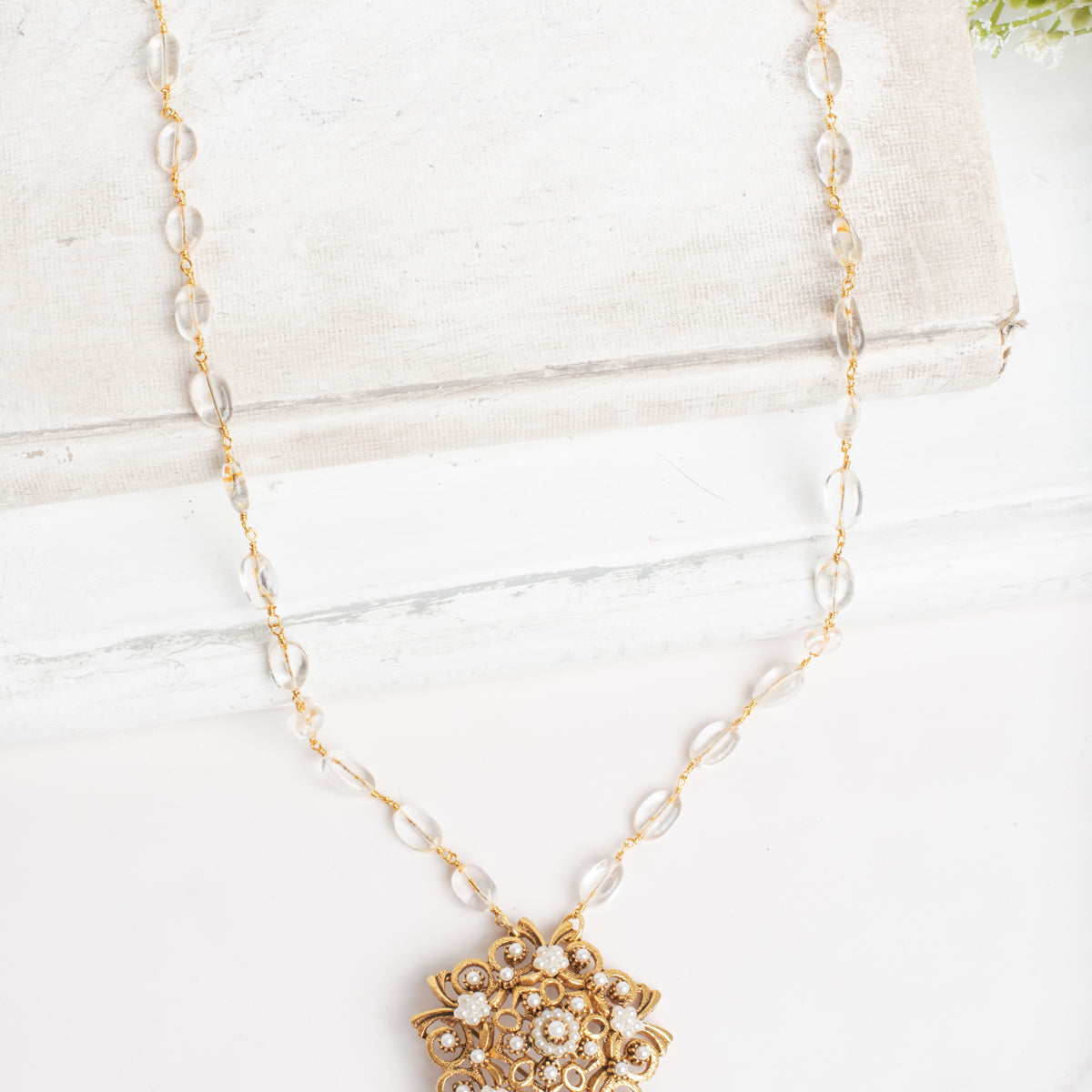 Vintage Signed "Florenza" Floral Faux Pearl Brooch Pendant on a Quartz Free Form Rosary Chain Necklace