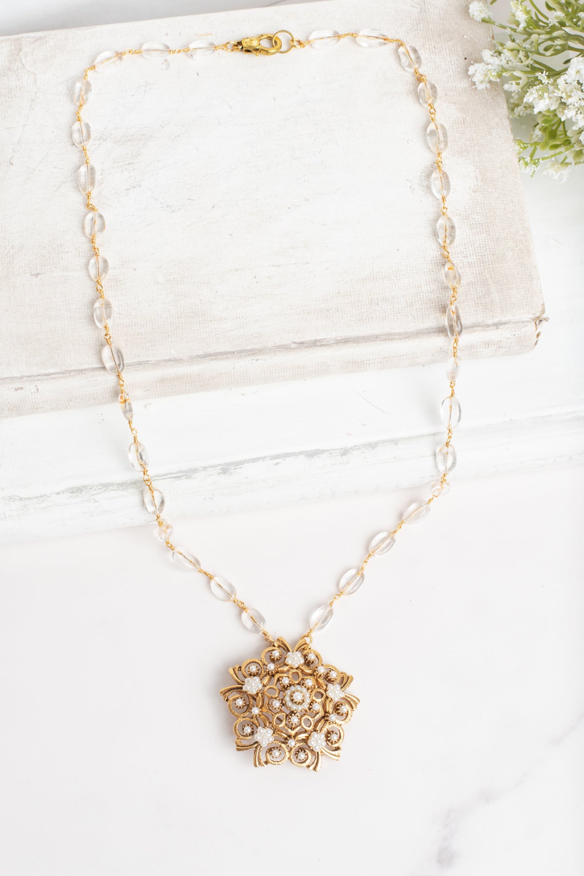 Vintage Signed "Florenza" Floral Faux Pearl Brooch Pendant on a Quartz Free Form Rosary Chain Necklace