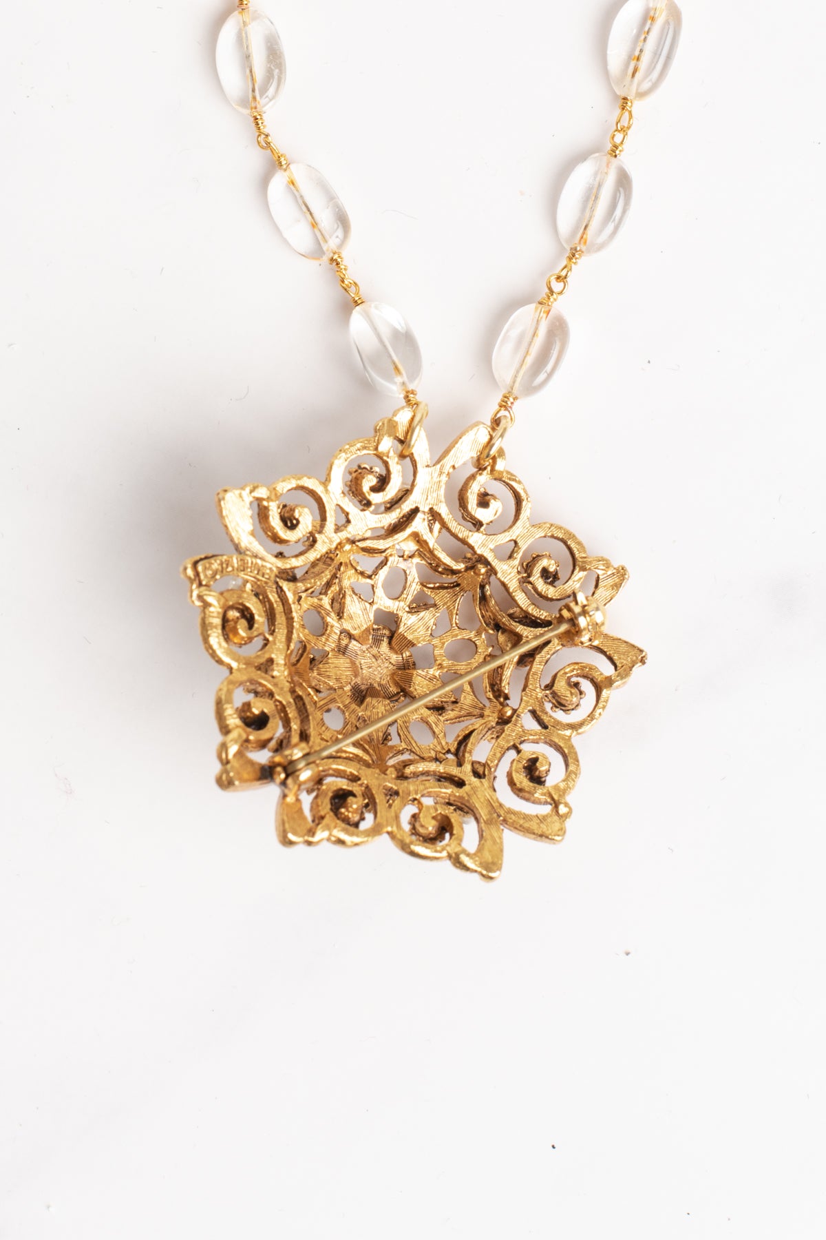 Vintage Signed "Florenza" Floral Faux Pearl Brooch Pendant on a Quartz Free Form Rosary Chain Necklace