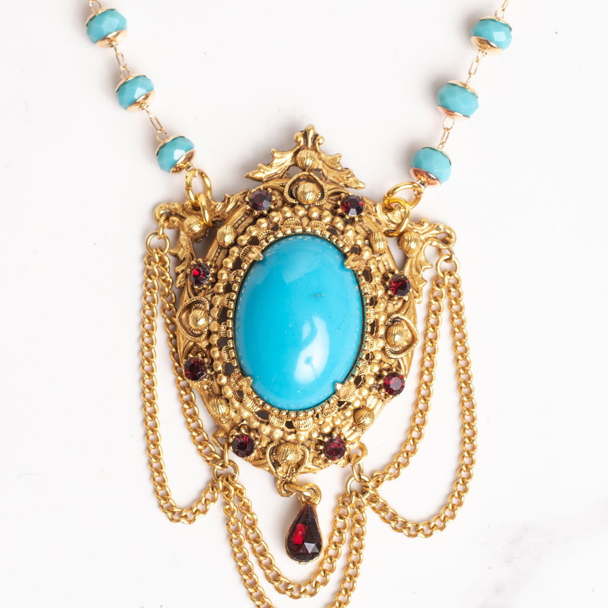 Vintage Florenza Turquoise & Red Rhinestone Brooch Pendant Necklace