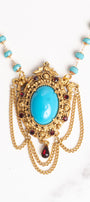 Vintage Florenza Turquoise & Red Rhinestone Brooch Pendant Necklace