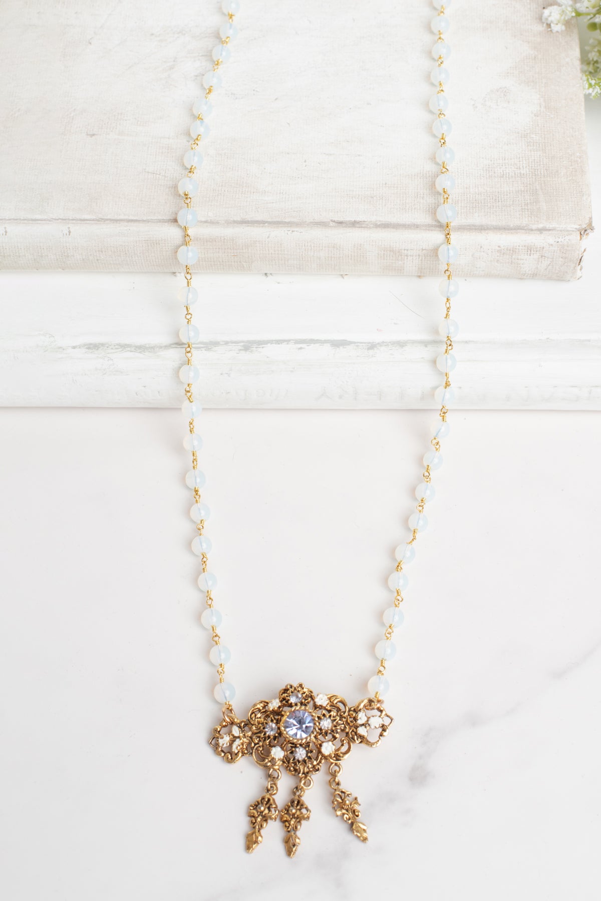 Vintage Signed "PLC" Floral Brooch Pendant with Rhinestones on a Quartz Rosary Chain Necklace