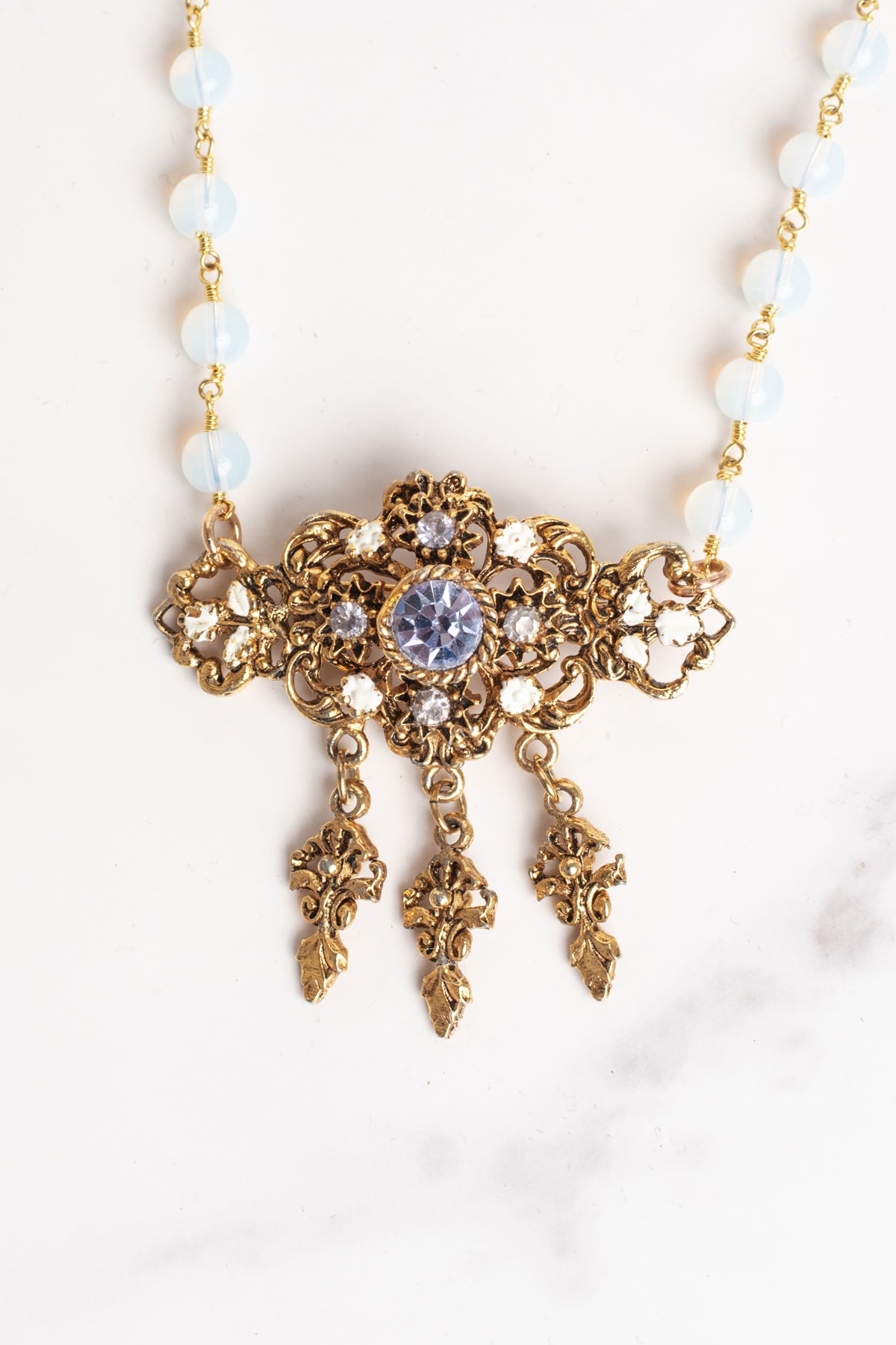 Vintage Signed "PLC" Floral Brooch Pendant with Rhinestones on a Quartz Rosary Chain Necklace