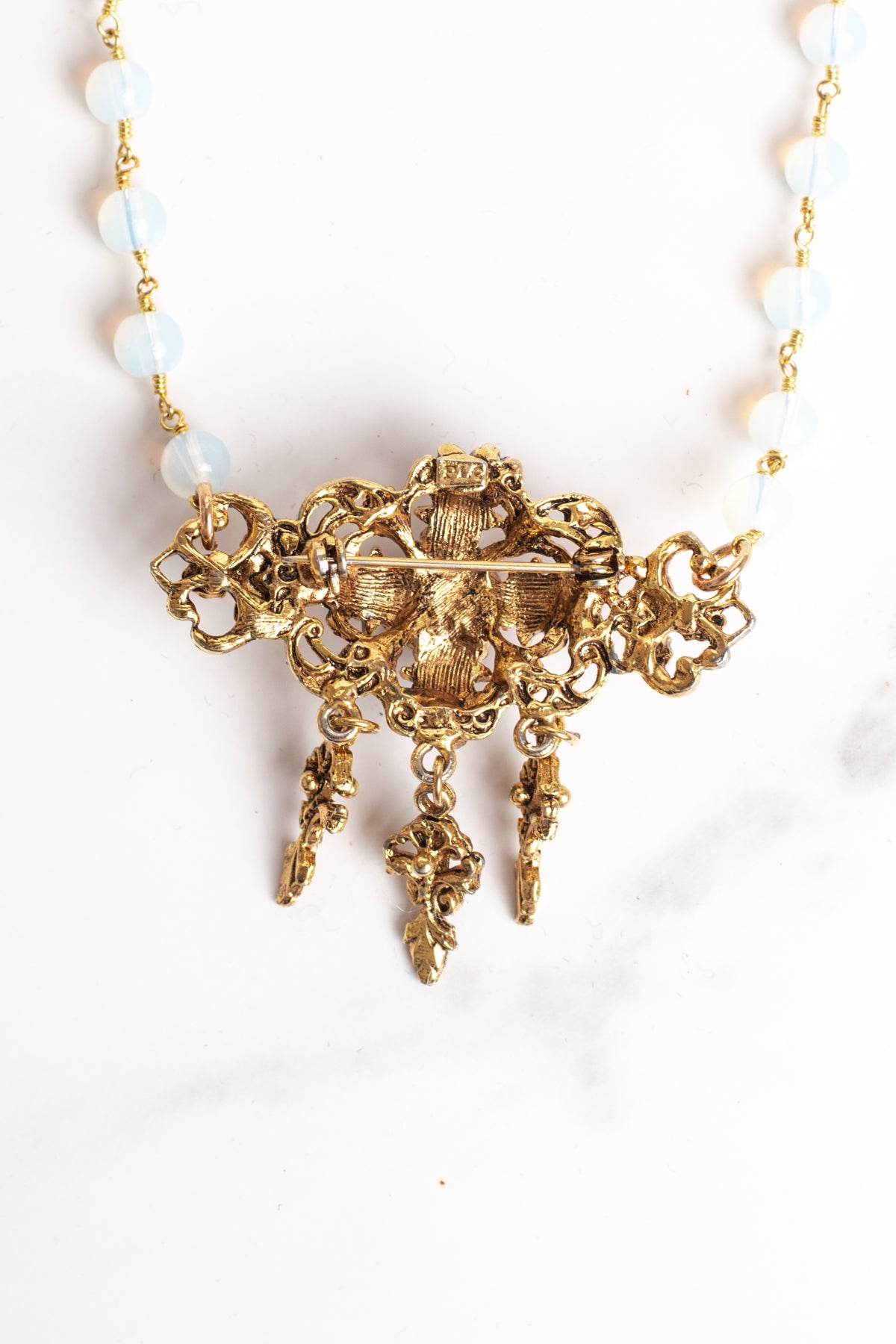 Vintage Signed "PLC" Floral Brooch Pendant with Rhinestones on a Quartz Rosary Chain Necklace